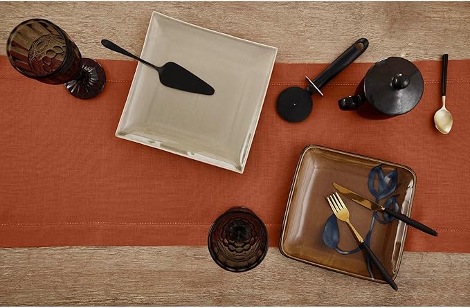 Solino Home Linen Cinnamon Hemstitch Table Runner 60 Inches - 100% Pure Linen Small Table Runner 14 x 60 Inch Ideal for Dresser and Coffee Tables - Classic Hemstitch
