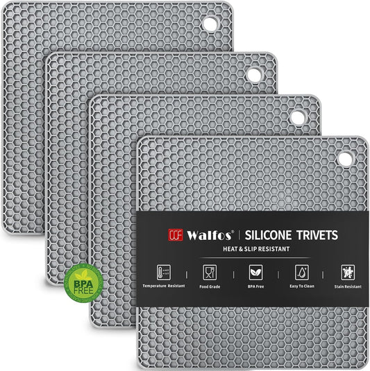 Walfos Silicone Trivet Mats - 4 Heat Resistant Pot Holders, Multipurpose Non-Slip Hot Pads for Kitchen Potholders, Hot Dishers, Jar Opener, Spoon Holder, Food Grade Silicone & BPA Free (Square)