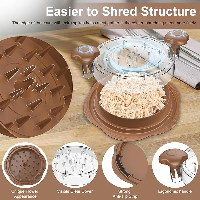 Chicken Shredder Large Chicken Breast Shredder Tool Twist with Brush&Fork, Visible Meat Shredder Machine, Anti-Slip Strip, Ergonomic Handle, BPA Free, Suitable for Pork Beef Chicken(Brown)