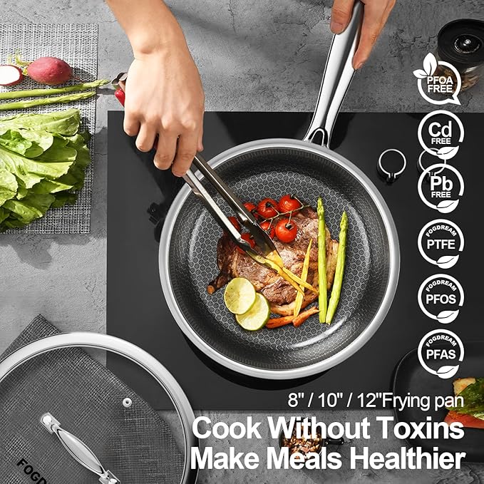 Fogdream 8” Non Stick Frying Pans, Stainless Steel Skillet with Lid, Tri-Ply Stainless Steel for All Cooktops, Dishwasher and Oven-Safe Cooking Pan, Stay-Cool Handle, Silver
