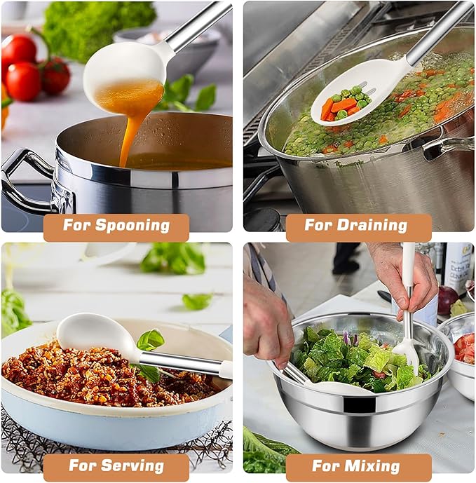 TeamFar Kitchen Utensils, 4 PCS Silicone Cooking Utensils with Stainless Steel Handle, for Nonstick Cookware Frying/Flipping/Draining, Non-toxic & Heat-proof, Non-scratch & Dishwasher Safe