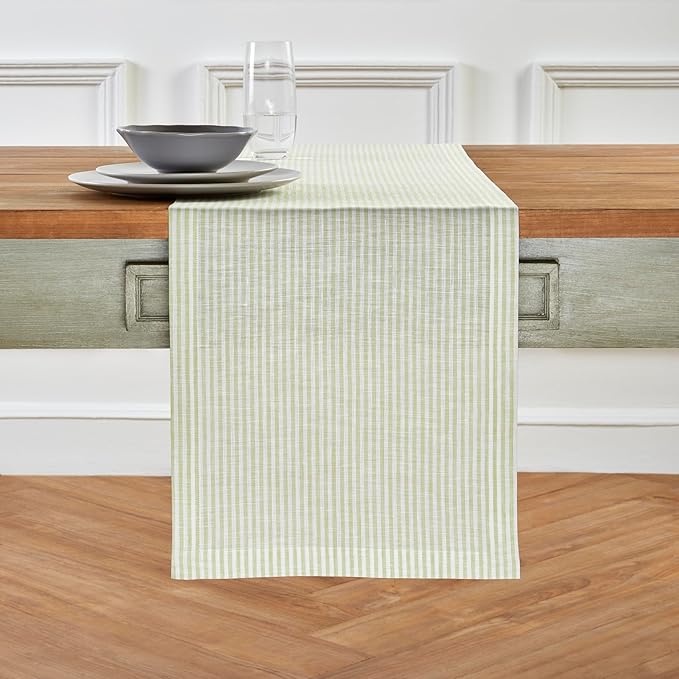 Solino Home Linen Table Runner 72 Inches Long - Narrow Stripe, 100% Pure Linen Sage and White Table Runner 14 x 72 Inch for Dining, Dresser, Christmas, New Year