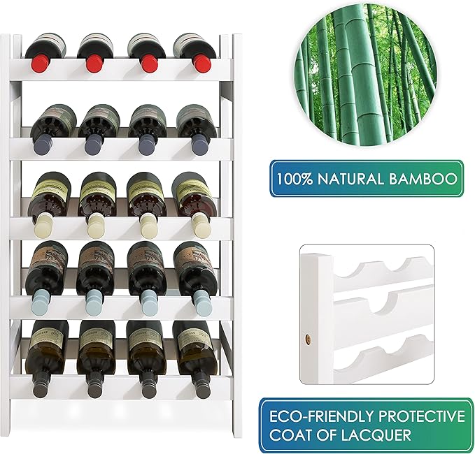 SMIBUY Bamboo Wine Rack, 20 Bottles Display Holder, 5-Tier Free Standing Storage Shelves for Kitchen, Pantry, Cellar, Bar (White)