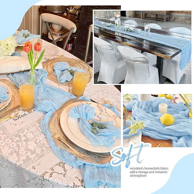 6 Pack Baby Blue Cheesecloth Table Runner 17x108 Inch Semi Sheer Boho Gauze Cheese Cloth Fabric Table Runners, for Wedding Party Baby Shower Birthday Home Decor Garden Farmhouse