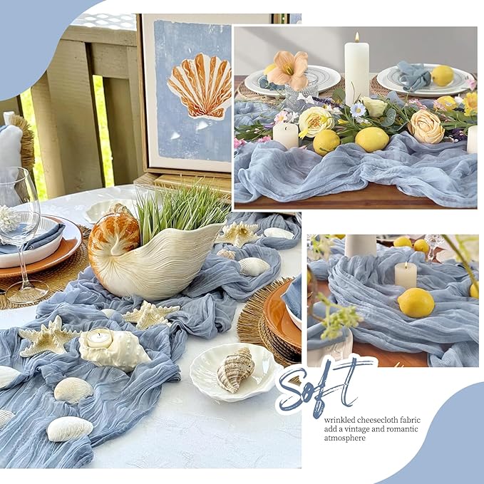 12 Pack Dusty Blue Cheesecloth Table Runner 17x108 Inch Semi Sheer Boho Gauze Cheese Cloth Fabric Table Runners, for Wedding Party Baby Shower Birthday Home Decor Garden Farmhouse