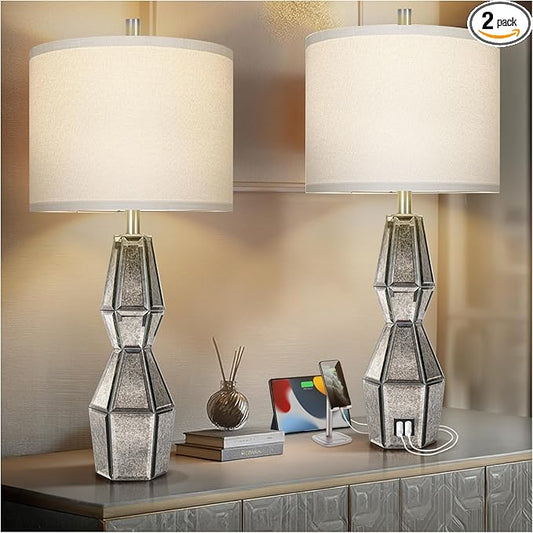 28" Vintage Table Lamps for Bedroom,Antique Bedside Lamp for Living Room with USB A+C Ports,Glass Table Lamps with Linen Shade,3-Way Dimmable Bulb,Nightstand Lamp for Home Hotel Office(Bulb Included)