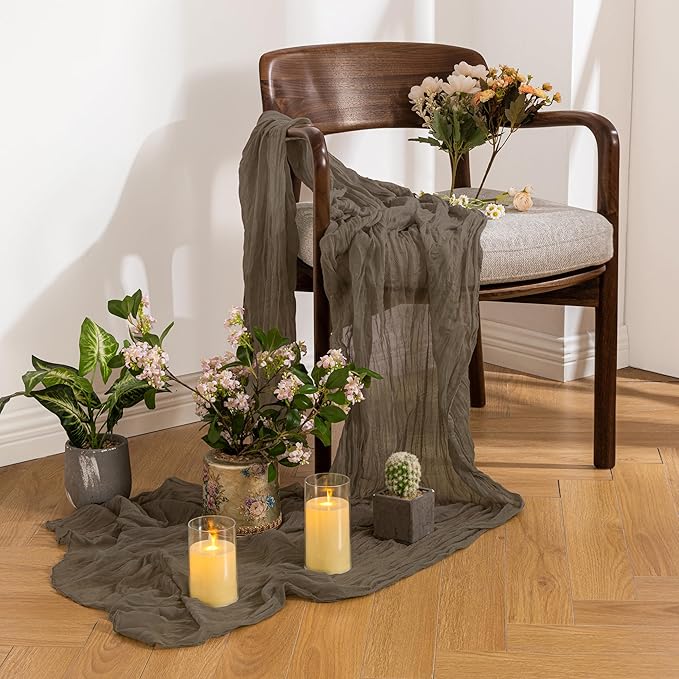 Leetaltree 2 Pack Taupe Cheesecloth Table Runner, 35x120 Inch Boho Rustic Cheese Cloth Table Runner, Decorative Table Runners for Bridal Baby Shower Decorations or Wedding Table Decorations