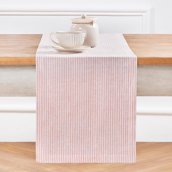 Solino Home Linen Table Runner 120 Inches Long - Narrow Stripe, 100% Pure Linen Peach and White Table Runner 14 x 120 Inch for Dining