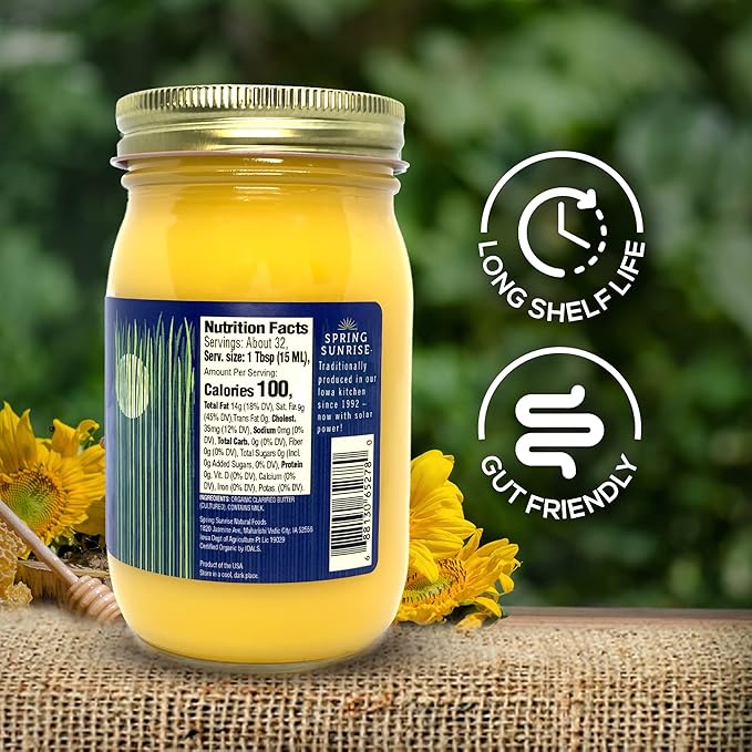 Spring Sunrise Grass Fed Organic Cultured Ghee - USDA Certified Clarified Butter - Keto & Paleo Friendly, Non-GMO, Gluten & Lactose Free Cooking Oil - Sustainably Sourced, 16 oz Jar