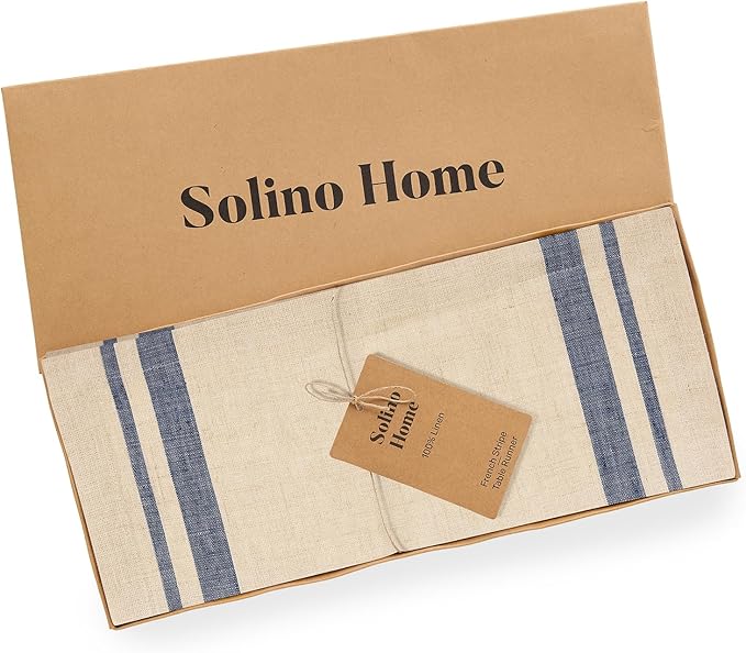 Solino Home Linen Table Runner 72 Inches Long - 100% Pure Linen Navy and Natural French Stripe Table Runner 14 x 72 Inch for Dining, Dresser