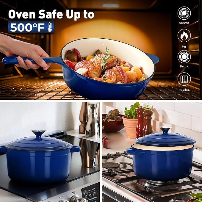 DishDelight Enameled Cast Iron Cookware Set, 7 Piece Set of Dutch Ovens, Sauce Pan, Skillet, 3 Lids, Ceramic Coated Cast Iron Dutch Oven Set, Round Dutch Oven Pot for Sourdough Bread Baking，Blue