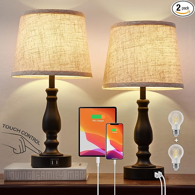 Table Lamps Set of 2, Bedside Nightstand Lamps with USB Charging Ports,Dimmable Touch with Linen Fabric Lampshade, Modern Small Lamp for Bedrooms, Living Room (Bulbs Included)