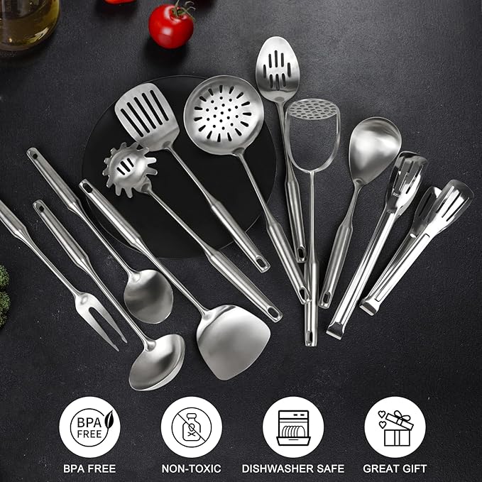 18/10 Stainless Steel Cooking Utensils Set,12pcs Metal Kitchen Utensils Set Dishwasher Safe, Heat Resistant Wok Tools Set for Cooking Enthusiasts