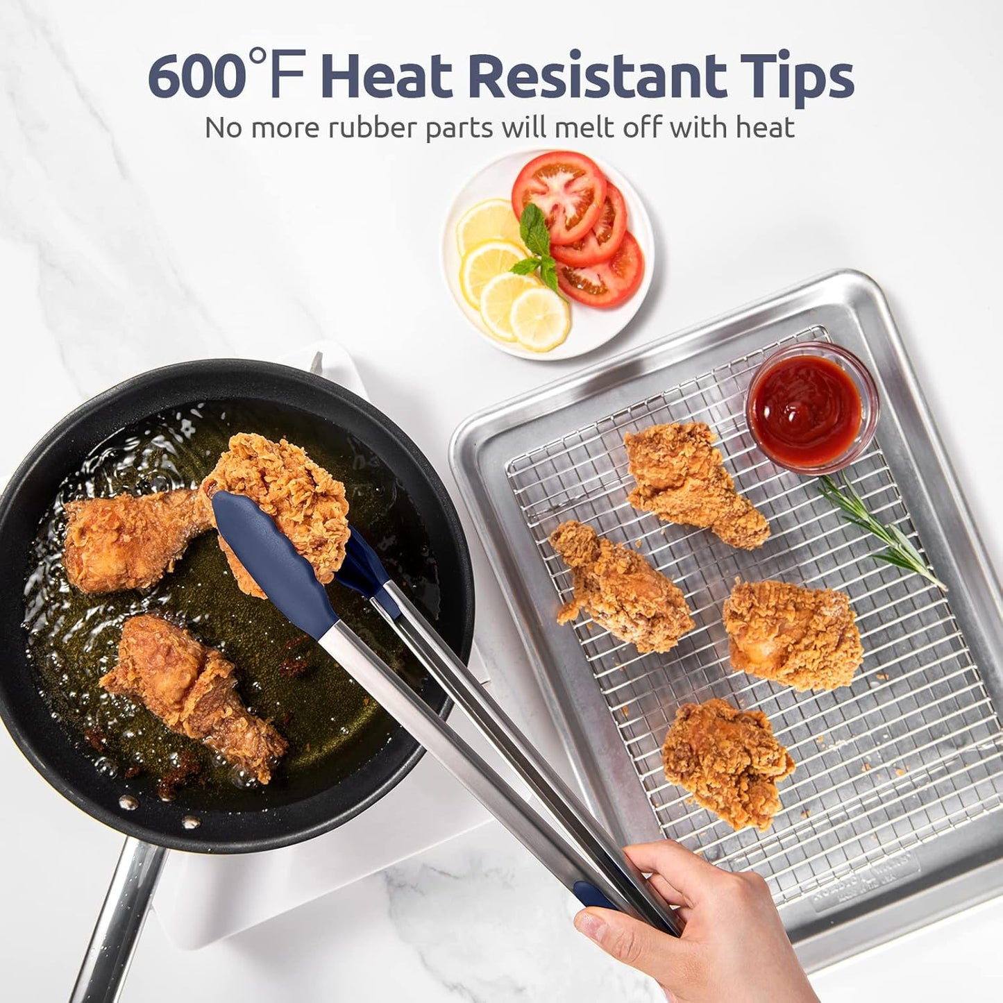 600ºF Heat Resistant Kitchen Tongs: U-Taste 16 in Extra Long Large Silicone Cooking Tong with Non Stick Rubber Tips & Non Slip Silicon Coated 18/8 Stainless Steel Handle for Grill BBQ (Midnight Blue)