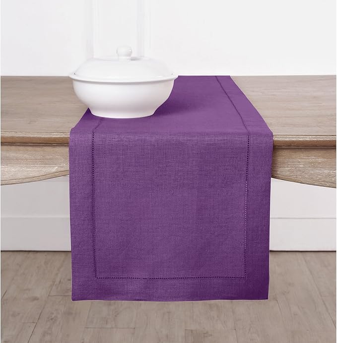 Solino Home Linen Purple Table Runner 60 Inches - Classic Hemstitch, 100% Pure Linen Coffee Table Runner 14 x 60 Inch Ideal for Dresser Tables - Holiday, Christmas