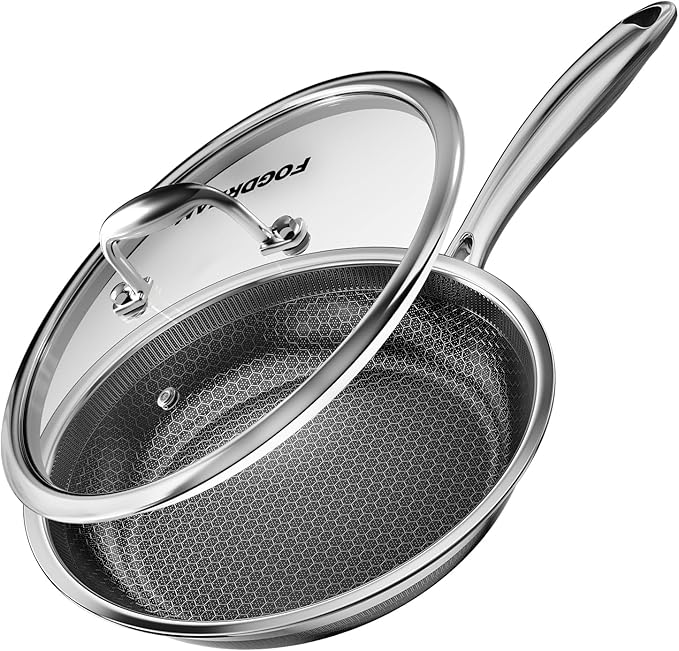 Fogdream 8” Non Stick Frying Pans, Stainless Steel Skillet with Lid, Tri-Ply Stainless Steel for All Cooktops, Dishwasher and Oven-Safe Cooking Pan, Stay-Cool Handle, Silver