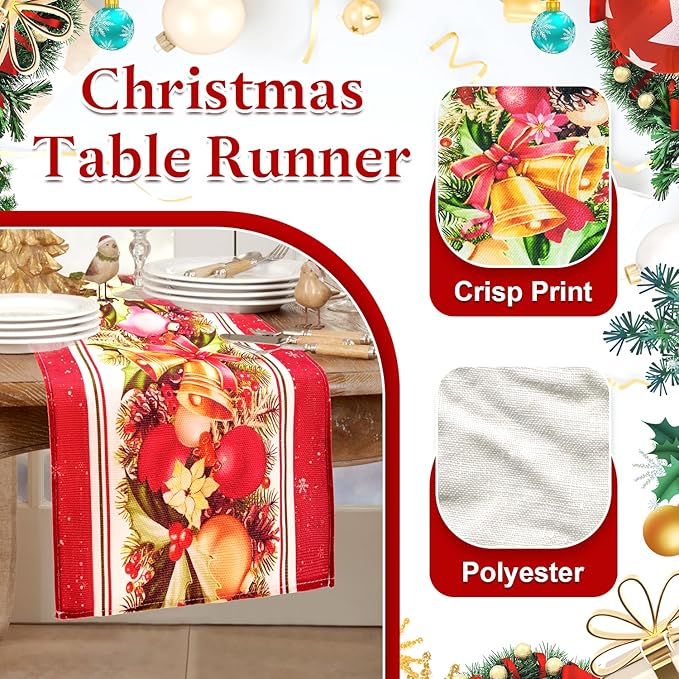 Christmas Table Runner,Red Flower Poinsettia Bells Christmas Runners Table Decoration for Indoor Outdoor Home Party Decor 13x72 Inch (Christmas Bells)