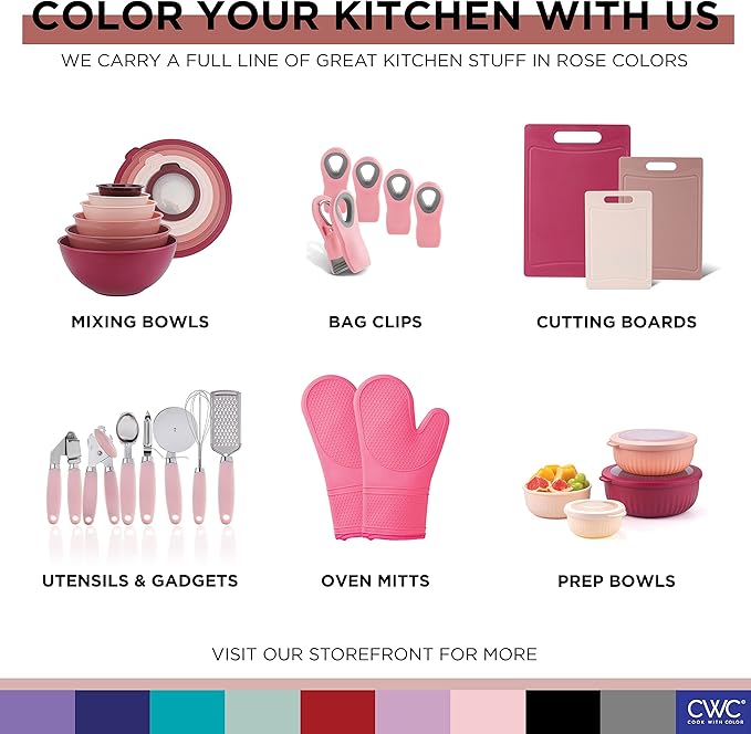COOK WITH COLOR Mixing Bowls with Lids - 12 Piece Plastic Nesting Bowls Set includes 6 Prep Bowls and 6 Lids, Non Slip Bottom and Embossed Design - Microwave Safe (Rose)