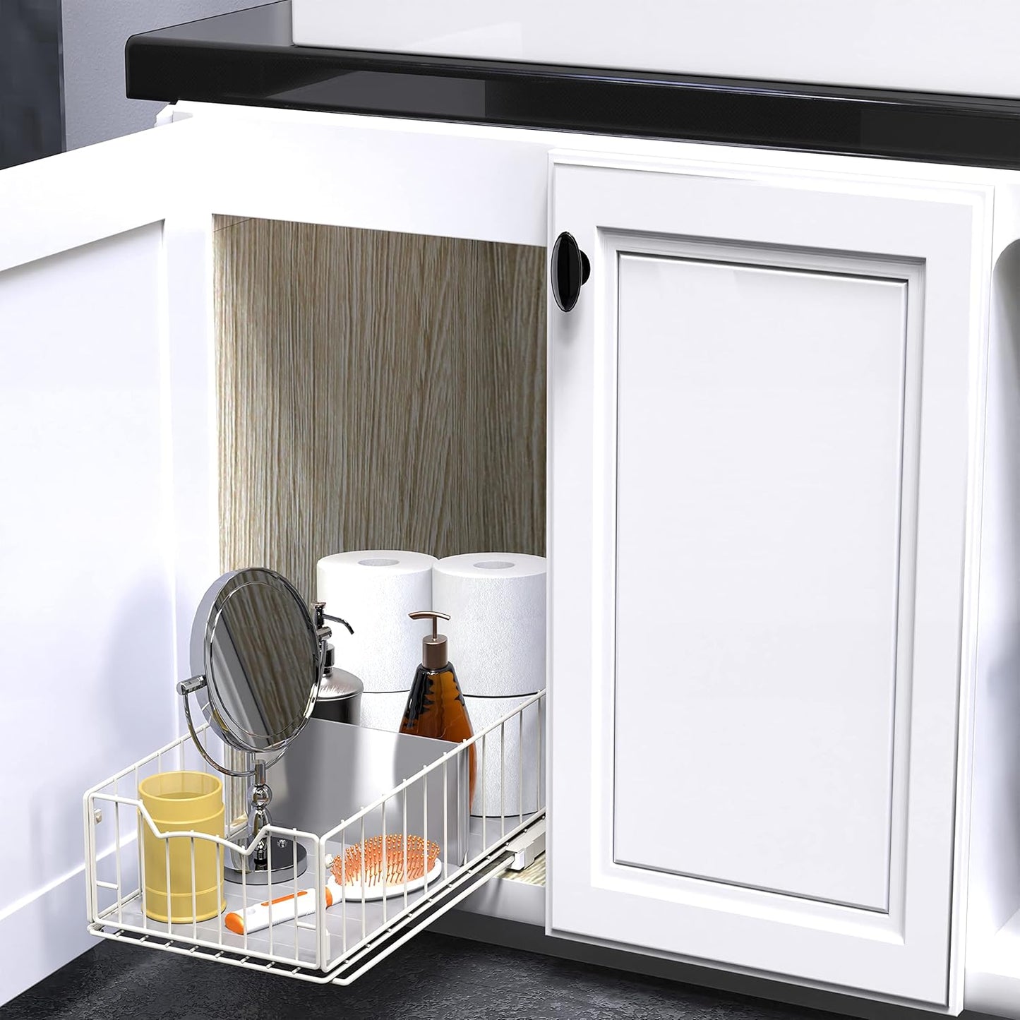 Simple Houseware Pull-Out Cabinet Sliding Basket Organizer, 17.2" D x 9.7" W x 5" H – White, Ideal for Kitchen and Bathroom Cabinet Storage, Under Sink or Pantry Organization