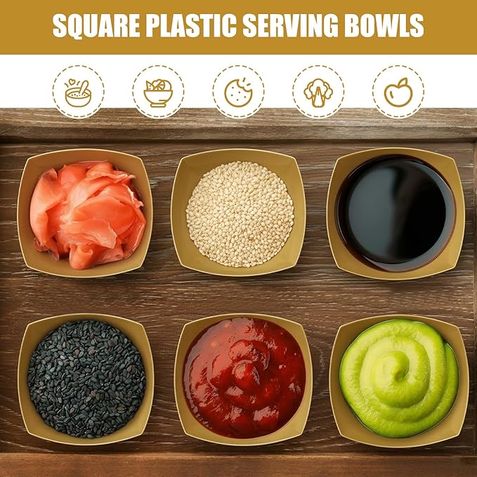 Tanlade 50 Pcs Square Plastic Serving Bowls Disposable Snack Salad Bowl Small Party Candy Bar Containers Taco Bar Serving Dishes for Buffet Chips Fruit(4 oz,Gold)