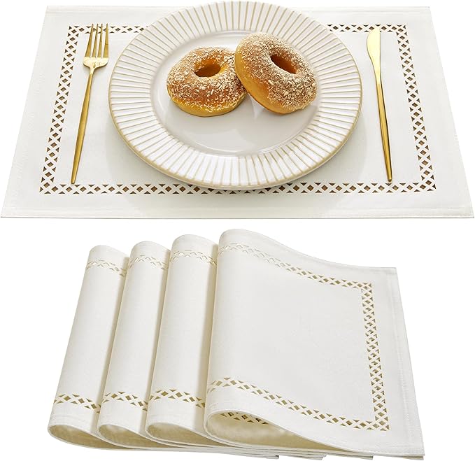 Burlap Placemats Set of 4, 12 x 18 Inch Rustic Geometric Hollow Place Mats, Heat Resistant Placemats for Farmhouse Kitchen Table Decor, Off White 4PCS
