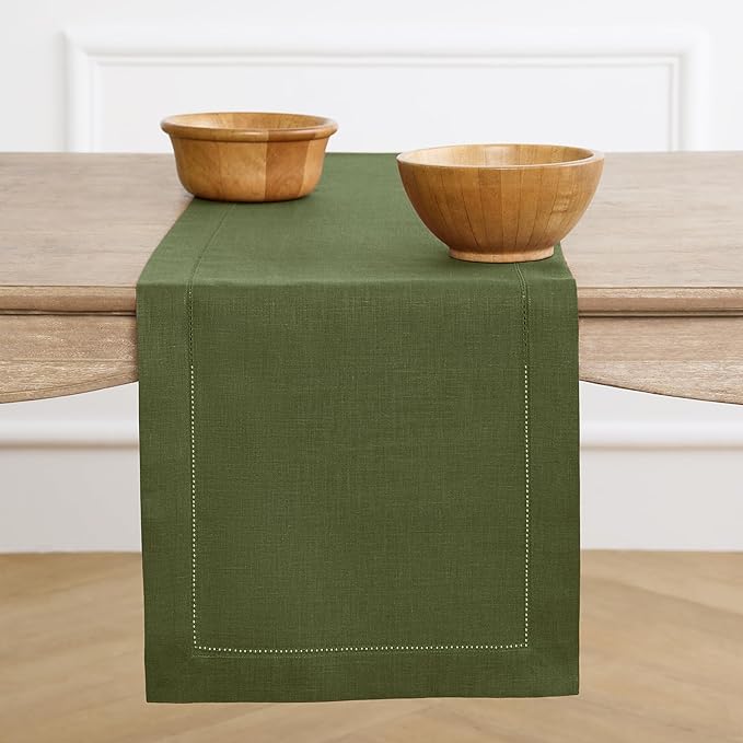 Solino Home Linen Olive Table Runner 72 Inches Long - 100% Pure Linen Hemstitch Table Runner 14 x 72 Inch for Dresser, Dining, Christmas, New Year - Classic Hemstitch