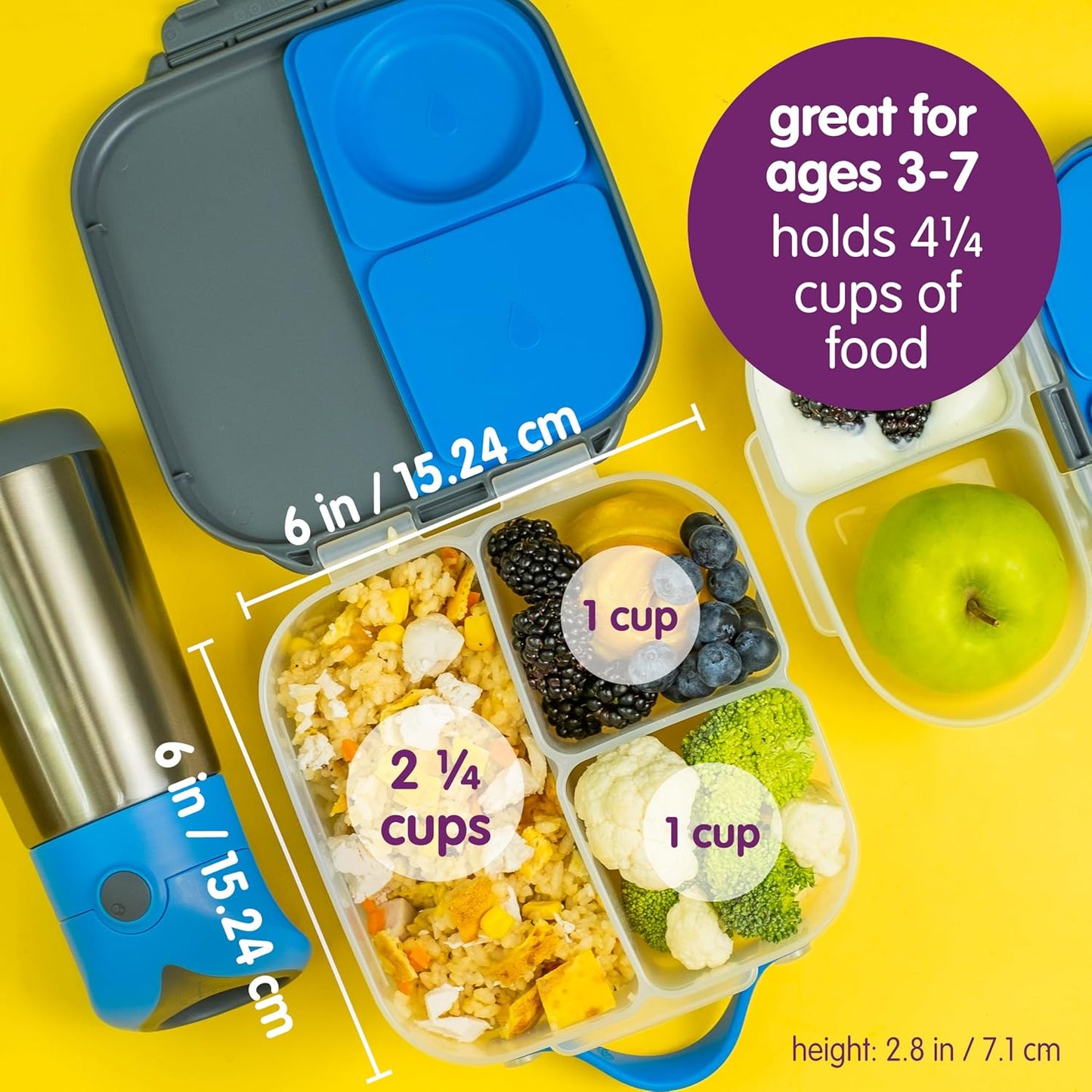 b.box Mini Lunch Box, Bento Box for Kids, Snack Container with 2 Leak Proof Compartments, Reusable Snack Containers with Lids, Kids Lunch Boxes Ages 3+, BPA Free, 4 1/4 Cup Capacity (Chill Out)