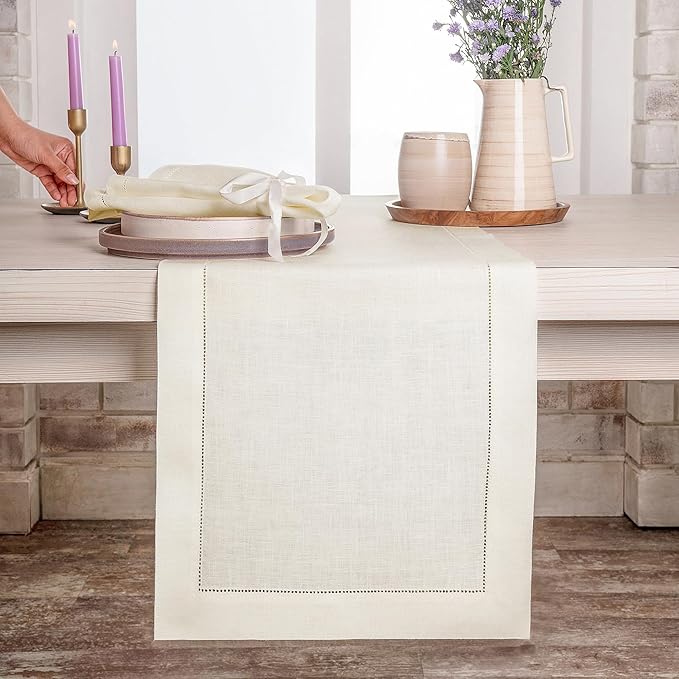 D'Moksha Homes Linen Ivory Table Runner 60 Inches - Classic Hemstitch, 100% Pure Linen Coffee Table Runner 14 x 60 Inch Ideal for Dresser Tables - Winter, Christmas, Holiday, New Year