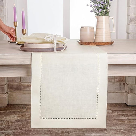 D'Moksha Homes Linen Ivory Table Runner 60 Inches - Classic Hemstitch, 100% Pure Linen Coffee Table Runner 14 x 60 Inch Ideal for Dresser Tables - Winter, Christmas, Holiday, New Year