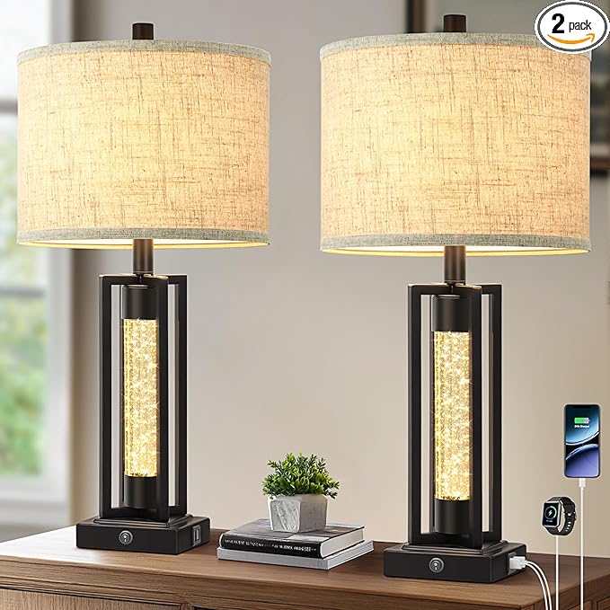 TOBUSA 26’’ Farmhouse Table Lamps for Living Room with Crystal Night Light Set of 2, Modern Nightstand Lamps with 2 USB Ports, Vintage Home Decor Black Bedside Lamps with Linen Shade for Bedroom