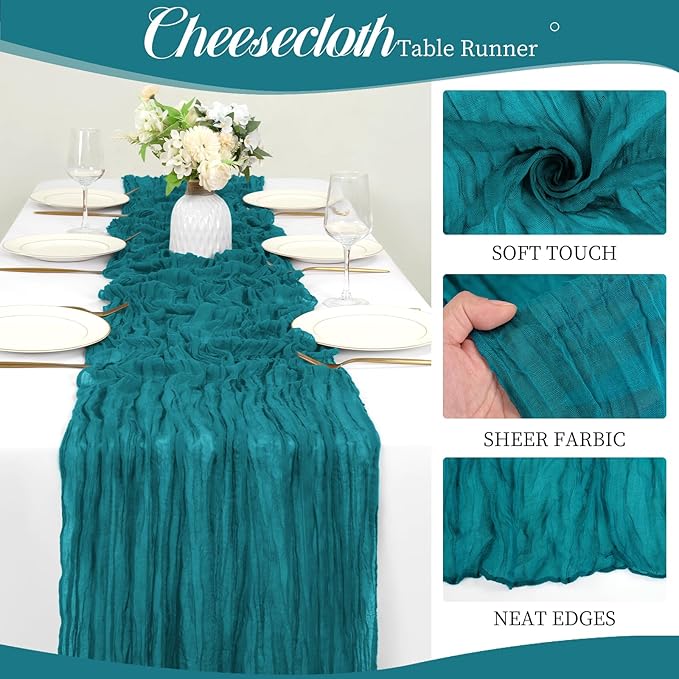 12 Pack 10Ft Teal Cheesecloth Table Runner 35 x 120 inch Boho Gauze Cheese Cloth Table Runner Vintage Rustic Sheer Runners for Wedding Bridal Shower Birthday Party Cake Table Decorations