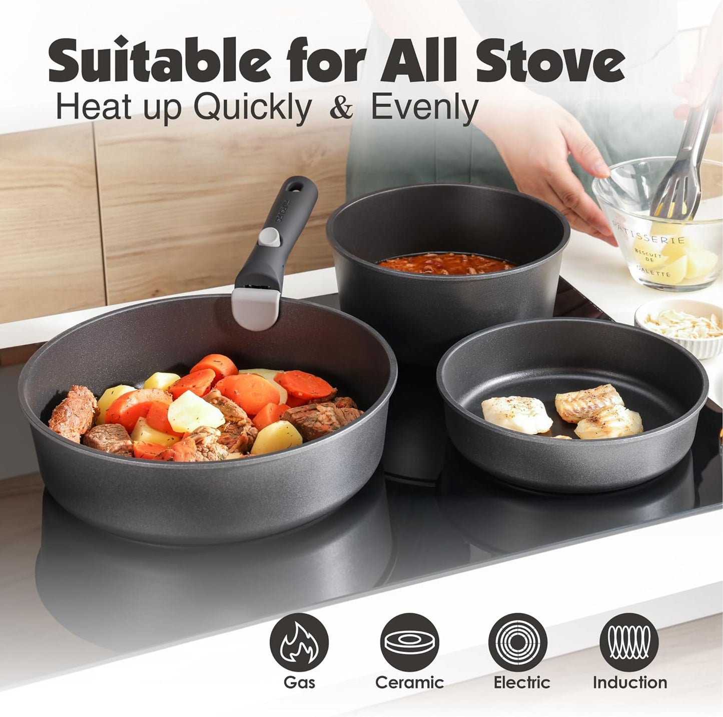 SENSARTE 24 Piece Pots and Pans Set, Nonstick Detachable Handle Cookware, Induction Kitchen Cookware Set with Removable Handle, Healthy Non Stick for RV, Dishwasher＆Oven Safe (Black)