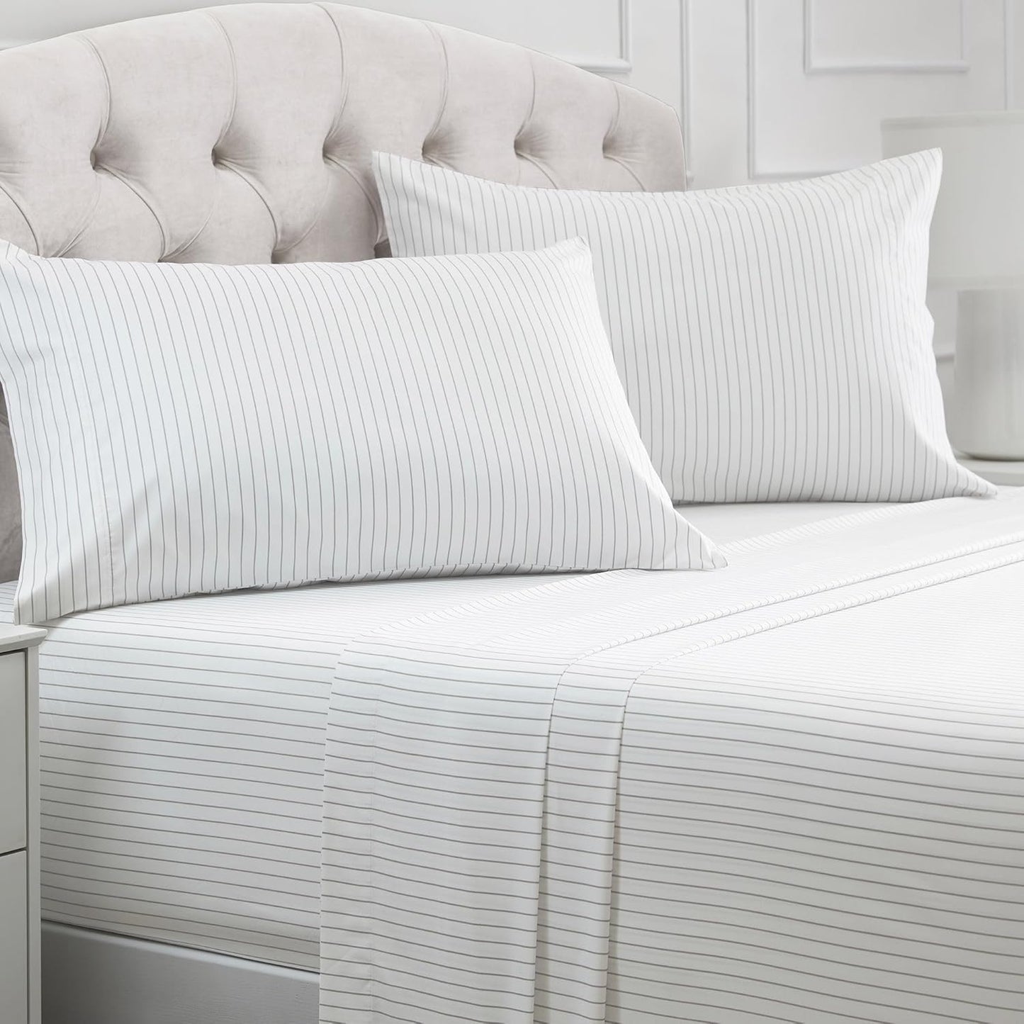 Mellanni Full Sheets Set - 4 PC Iconic Collection Bedding - Hotel Luxury, Extra Soft, Cooling Bed Sheets - Wrinkle, Fade, Stain Resistant (Full, Pin Stripe Gray)