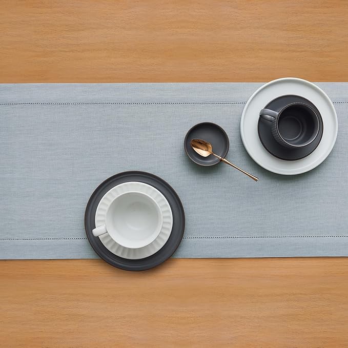 Solino Home Linen Dusty Blue Table Runner 60 Inches - Classic Hemstitch, 100% Pure Linen Coffee Table Runner 14 x 60 Inch Ideal for Dresser Tables