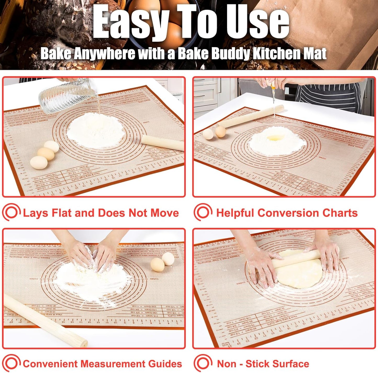 Silicone Pastry Mat 34X26 Inch Nonstick Baking Mat with Measurement, Perfect for Dough Mat, Pastry Board, Kitchen Counter Mat, For Dough, Pie Crust, Fondant, Pasta/Pizza, Red