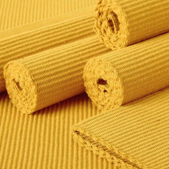 Encasa XO Dining Placemat Set of 6 | Solid Yellow Color | Fine Ribbed Cotton Table mat | Size 19x13 in |for Dining Table Fall Decoration, Holiday & Christmas Festivals - Machine Washable