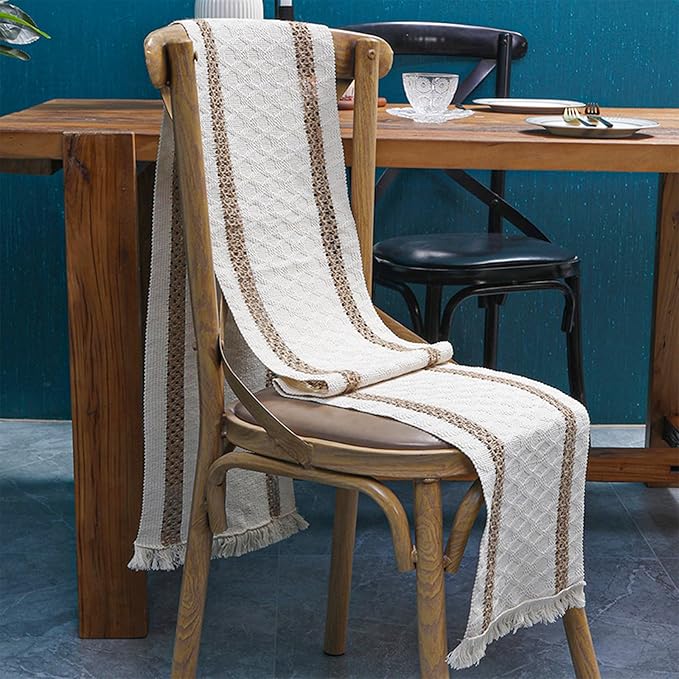 Niviy Boho Table Runners 120 Inches Long Farmhouse Macrame Table Runner Cotton Linen Woven Table Runners for Spring Dining Table Home Decor, Beige & Brown