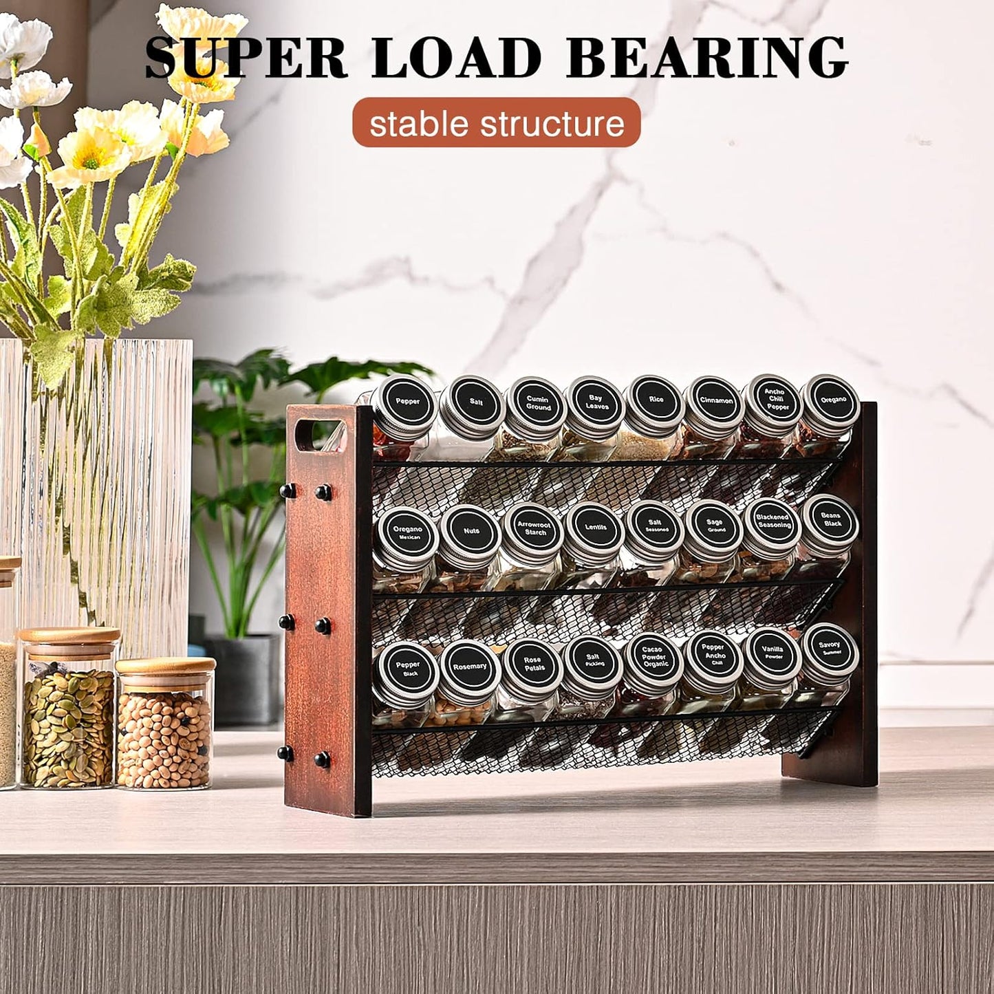 Spice Rack, Spice Rack Organizer without Seasoning Jars, Wooden Rustic 3 Tier Kitchen Spice Organizer Shelf for Cabinet, Countertop or Wall Mount