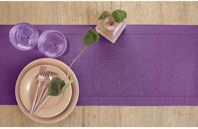 Solino Home Linen Purple Table Runner 144 Inches Long - 100% Pure Linen Extra Long Table Runner 14 x 144 Inch for Christmas, New Year - Classic Hemstitch