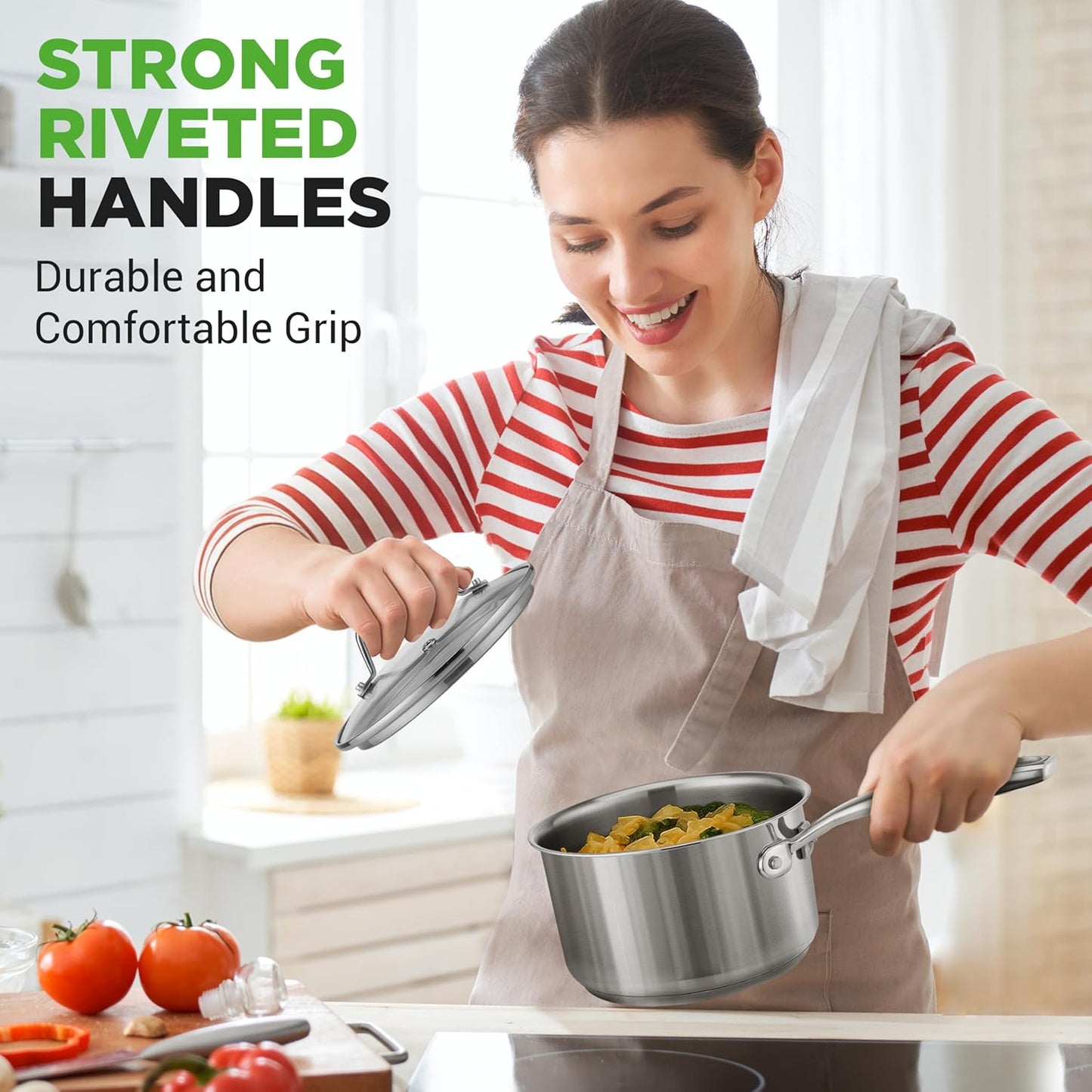 NutriChef 2 Quart Stainless Steel Pot with Lid - Heavy Duty Saucepan with Ergonomic Handles, For All Cooktops