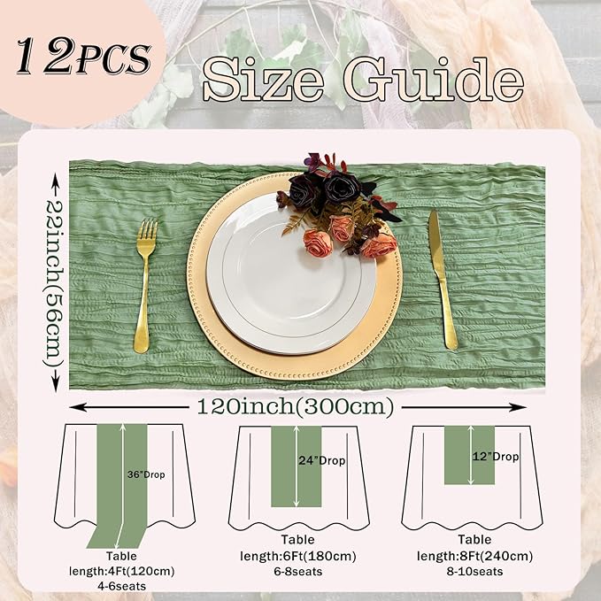12 Pack Sage Green Cheesecloth Table Runner Rustic Gauze 22x120 inch Long Table Runner for Wedding Bridal Shower Birthday Party Banquet Boho Decoration(#29)