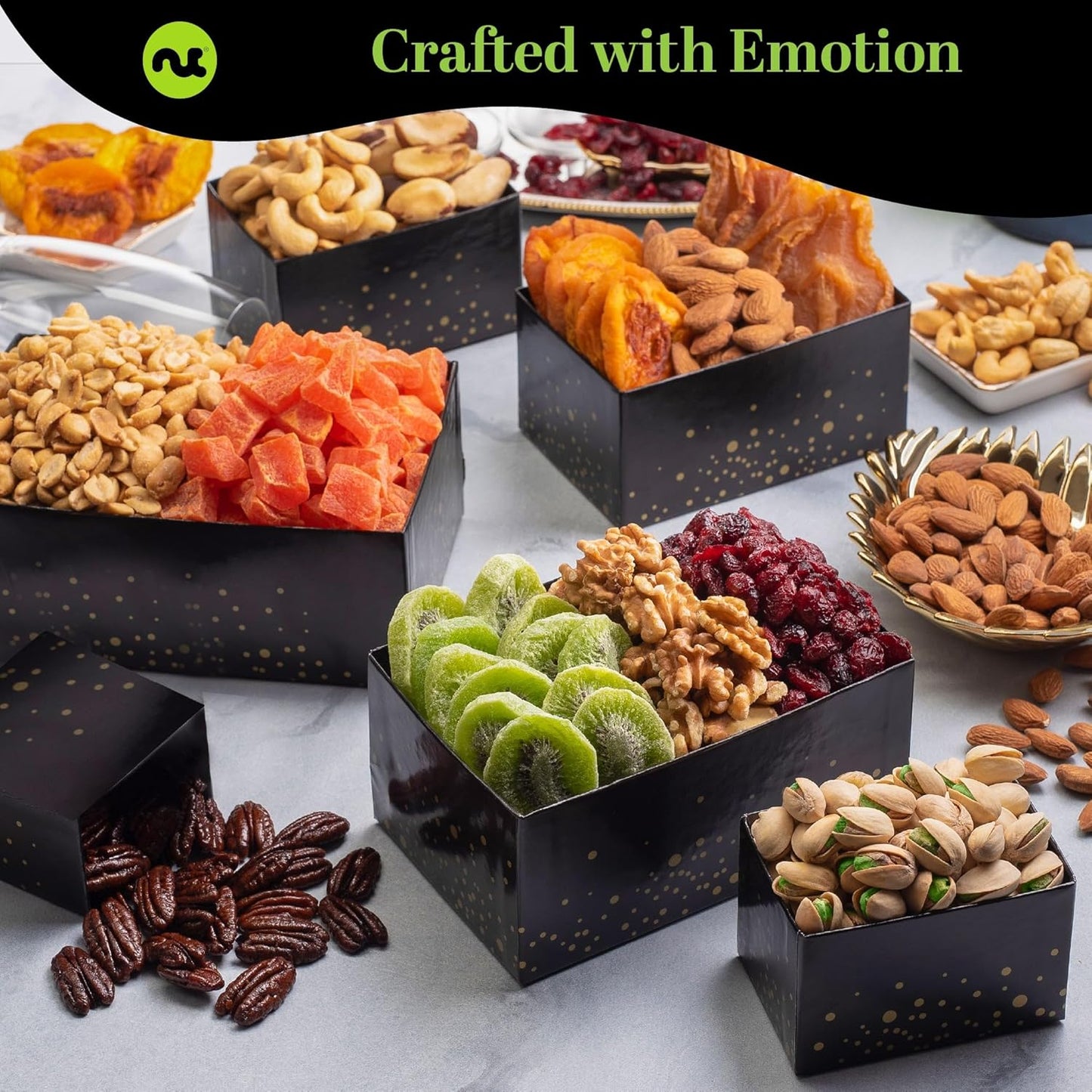 NUT CRAVINGS Gourmet Collection - Happy Birthday Treats, Nuts & Dried Fruits Tower Gift Basket with Bday Ribbon (12 Assortments) Food Arrangement, Healthy Snack Care Package, Food Assortments