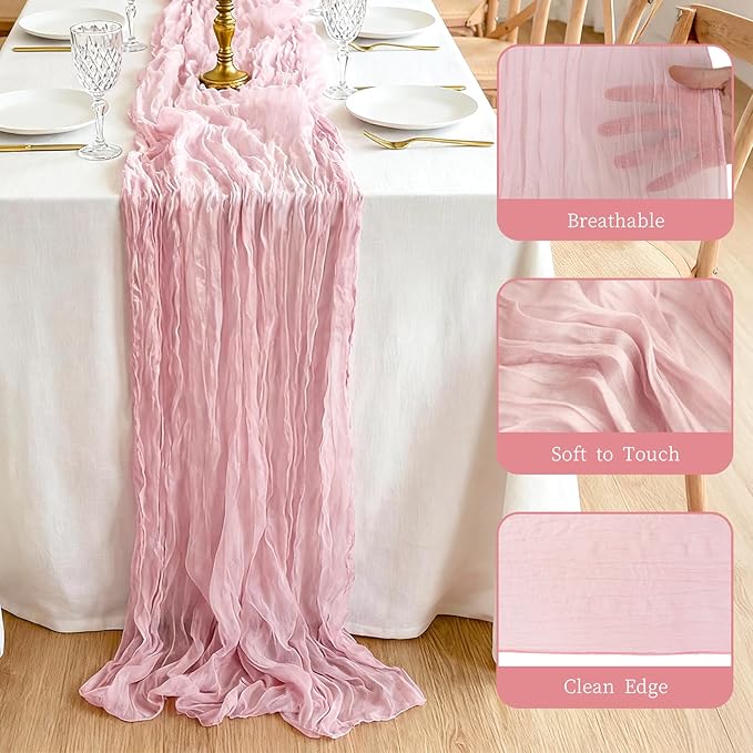 3 Pcs 35"×120" Light Pink Cheesecloth Table Runner, Cute Pleated Boho Gauze Rustic Sheer Translucent Runner, Table Decorations for Valentine Wedding Baby Shower Birthday Holiday Home Decor