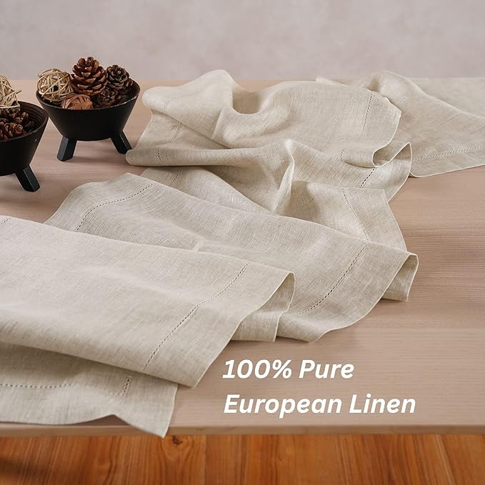 Home Ekaa Linen Light Natural Table Runner 72 Inches - 100% Pure Linen Cloth Fabric Hemstitch Table Runner 14 x 72 Inch for Dining, Dresser, Thanksgiving, Fall Christmas - Lino