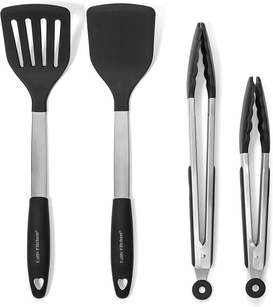 Spatulas Heat Resistant Silicone and Stainless Steel – Tongs and Turners with Rubber Grip - Flexible Silicone Spatula Tongs for Cooking and Non Stick Cookware – Cooking Utensils 4-Set