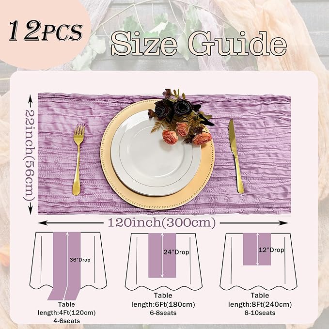 12 Pack Lavender Cheesecloth Table Runner 22x120 Inch-Naturally Dyed Colors Sheer Gauze Ivory Cheese Cloth Wedding Table Runner,Rustic Boho Crinkle Fabric, Reception, Bridal Shower