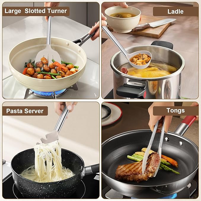 8 Pieces Kitchen Utensils Set, Vayvnt Silicone Cooking Utensils Set for Non-Stick Cookware, Stainless Steel Handle, Heat Resistant Kitchen Gadgets Includes Large Spatula Tongs, Dishwasher Safe, Khaki