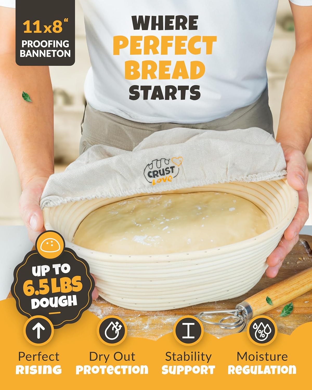 Dutch Oven for Bread Baking - incl. Sourdough Baking Supplies like Banneton Proofing Basket - 6.75QT Enameled Oval Cast Iron Bread Oven with Lid & Scoring Tool Lame
