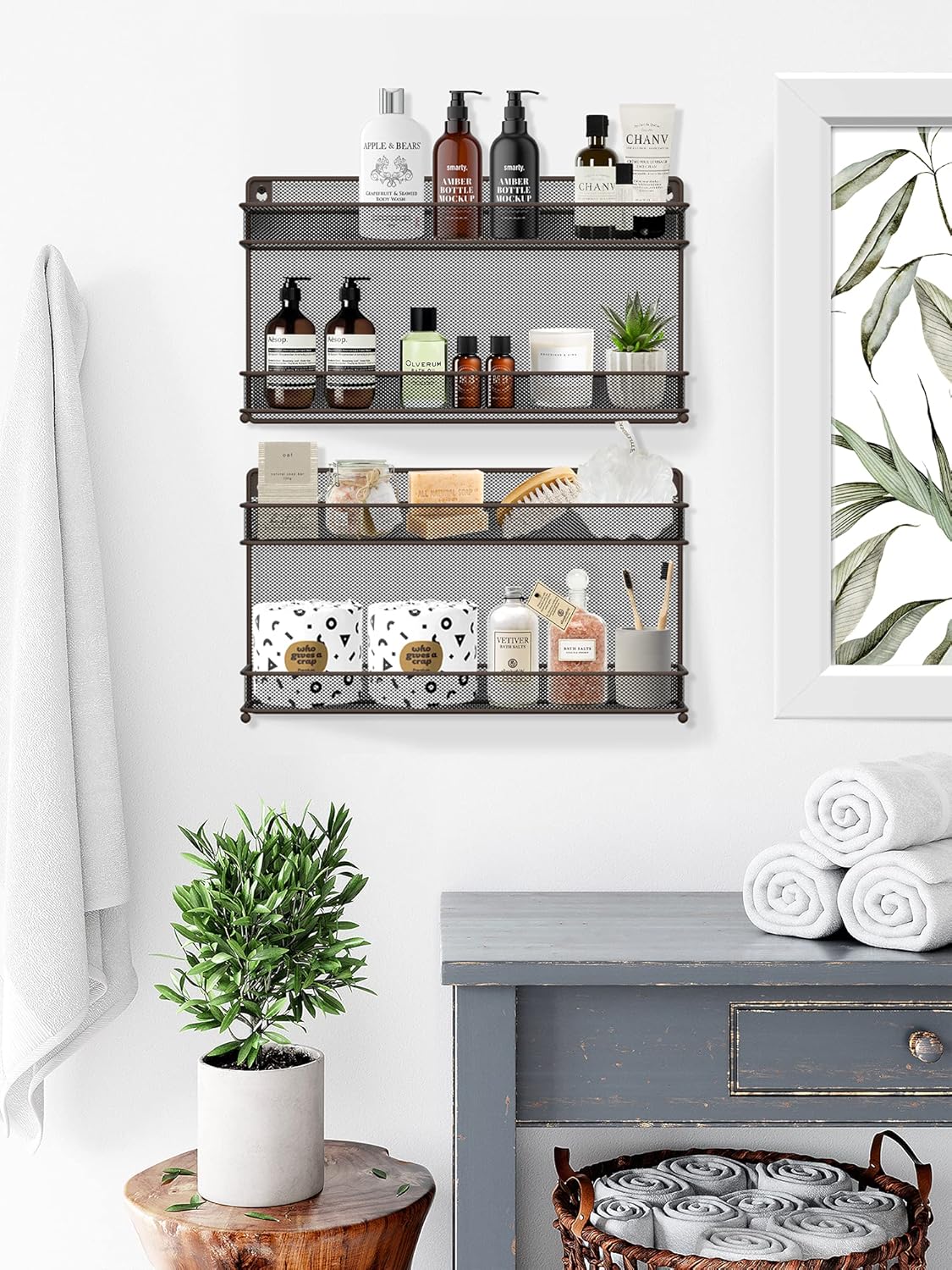 CAXXA 2 PK 2 Tier Mesh Kitchen Counter-top or Wall Mount Spice Rack Jars Storage Organizer, Bronze