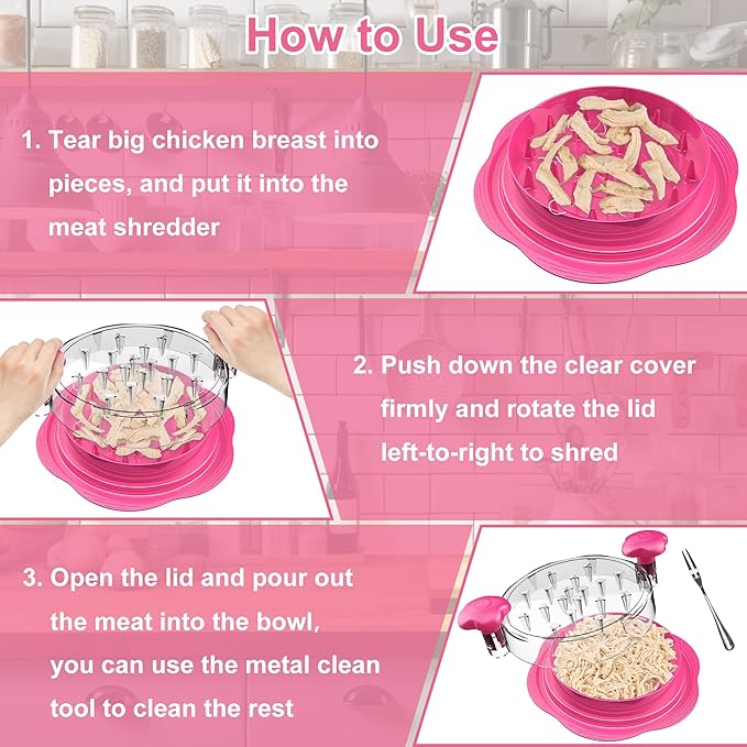 Chicken Shredder Large Chicken Breast Shredder Tool Twist with Brush&Fork, Visible Meat Shredder Machine, Anti-Slip Strip, Ergonomic Handle, BPA Free, Pork Beef Chicken(Hot Pink)